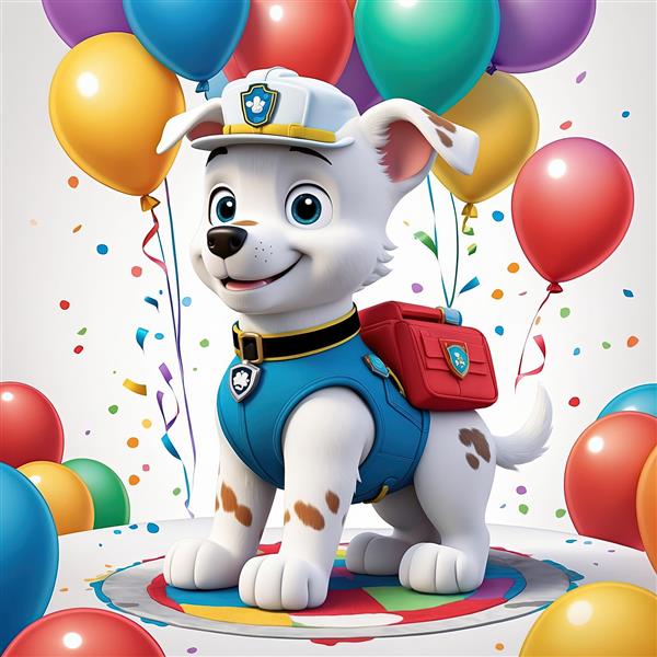 تصویر اورجینال مارشال سگ نگهبان: طرح دکوراتیو با بادکنک و لباس آبی و کلاه سفید برای چاپ تابلو