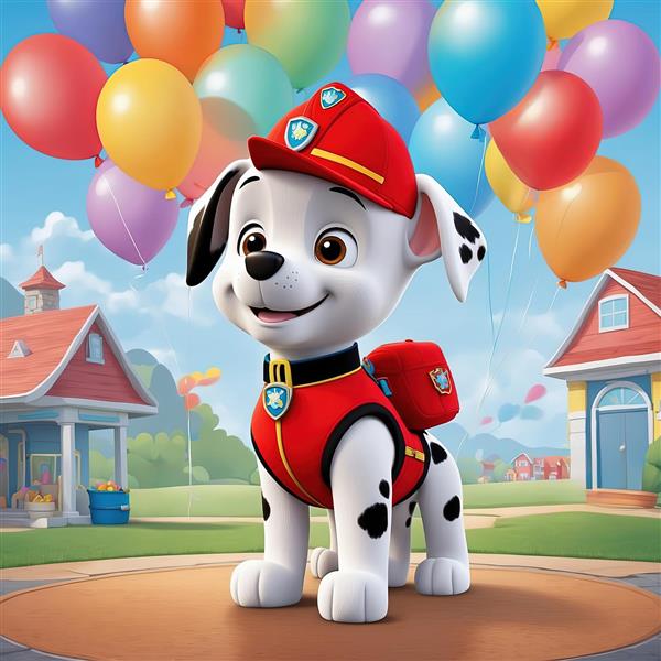 تصویر باکیفیت مارشال در پارک: طرح کارتونی سگ نگهبان با پس‌زمینه خانه و بادکنک برای پوستر دیواری