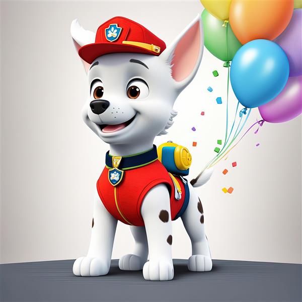 طرح دکوراتیو مارشال: سگ خالدار گشت پنجه‌ای با بادکنک و لباس قرمز برای اتاق کودکان و مهدکودک