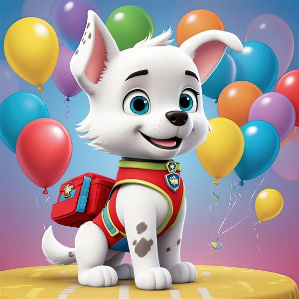 پوستر شخصیت کارتونی مارشال: سگ نگهبان با بادکنک‌های رنگارنگ و لبخند برای چاپ عریض