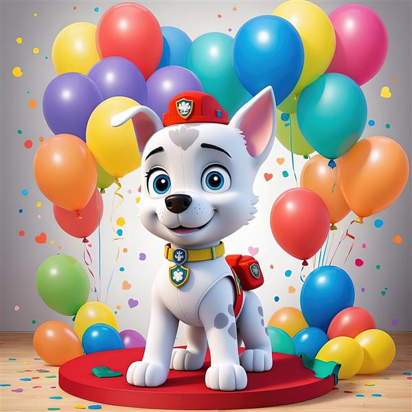 تصویر باکیفیت مارشال در جشن تولد: طرح گرافیکی سگ خالدار با کلاه و پس‌زمینه بادکنکی