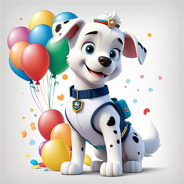 تصویر اورجینال مارشال سگ خالدار با بادکنک و لباس امداد و نجات برای دکور اتاق کودک
