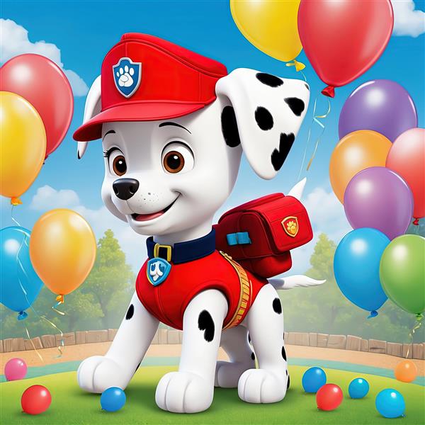 پوستر سگ آتش‌نشان مارشال: تصویر باکیفیت کارتون سگ‌های نگهبان با بادکنک‌های رنگی
