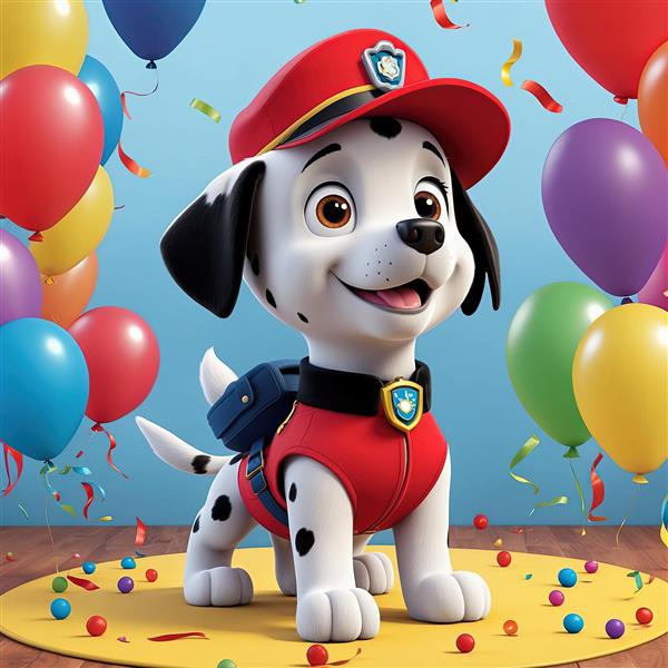 مارشال دالمیشن خندان روی سکوی کوچک، طرح کنفتی و بادکنک