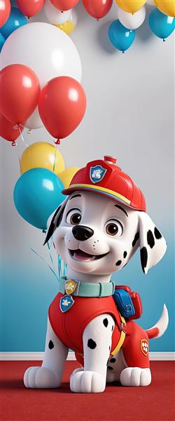 مارشال با کلاه و کوله‌پشتی روی زمین چوبی، طرح شیک عمودی