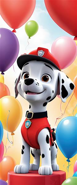 تصویر عمودی مارشال روی سکو، محاصره شده با بادکنک‌های بزرگ