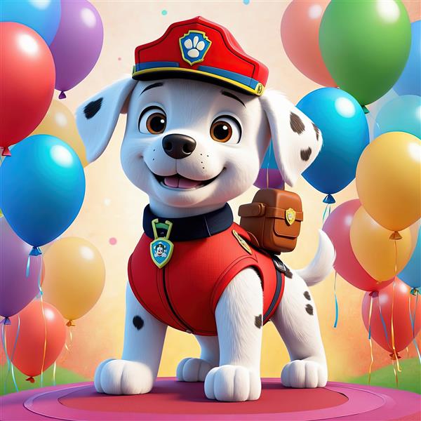 مارشال آتشنشان با کوله‌پشتی قهوه‌ای روی سکوی قرمز، تم تولد روشن