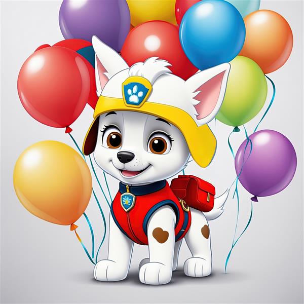 تصویر مارشال با کلاه زرد آتشنشانی و بادکنک‌های متنوع، طرح سه‌بعدی کودکانه