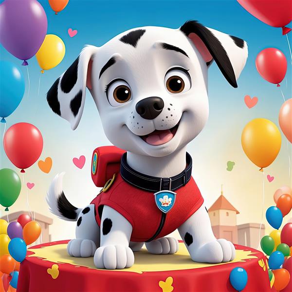 مارشال ایستاده روی کیک جشن تولد با پس‌زمینه قلعه و آسمان، طرح دکوراتیو