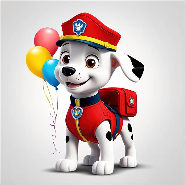 تصویر استودیویی مارشال در لباس آتشنشانی با بادکنک‌های رنگی، طرح پوستر