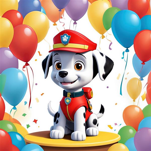 تصویر مارشال پاو پاترول با کلاه آتشنشانی روی سکو، طرح شاد تولد