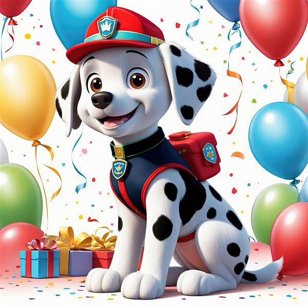 مارشال با کلاه و کوله‌پشتی، در احاطه بادکنک و هدایای تولد