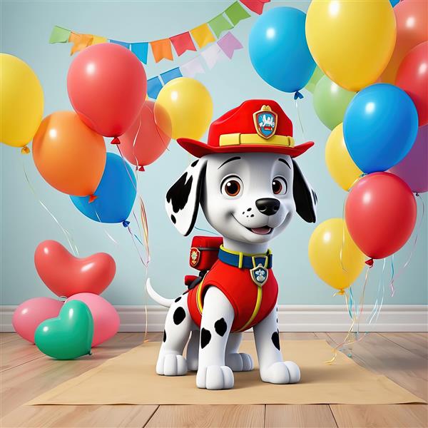 مارشال با کلاه آتشنشانی در تم بادکنک و ریسه جشن، طرح دیواری کودکانه