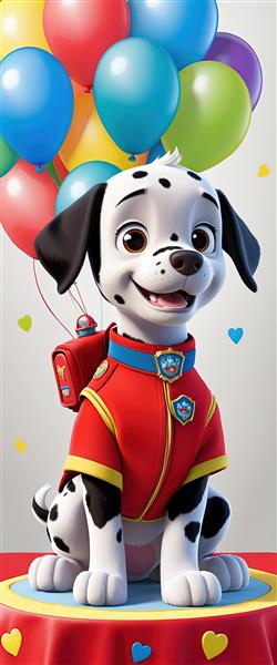 مارشال دالمیشن روی سکوی جشن تولد با بادکنک‌های رنگین‌کمان