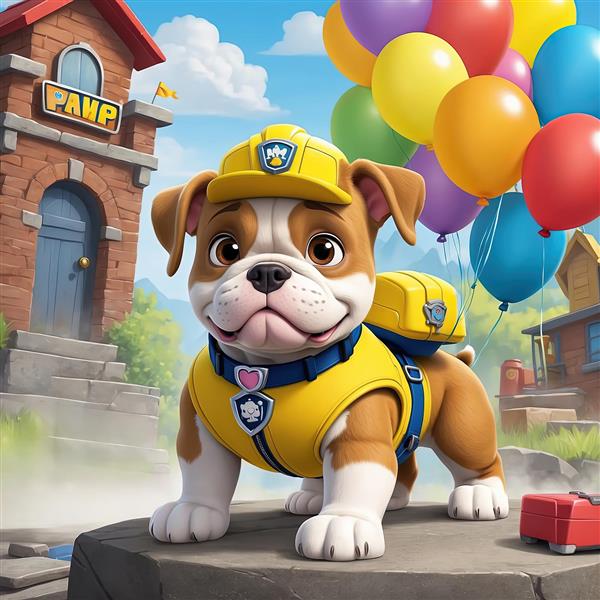 رابل با لباس ساختمانی در فضای سبز کنار خانه پاوز و بادکنک‌ها