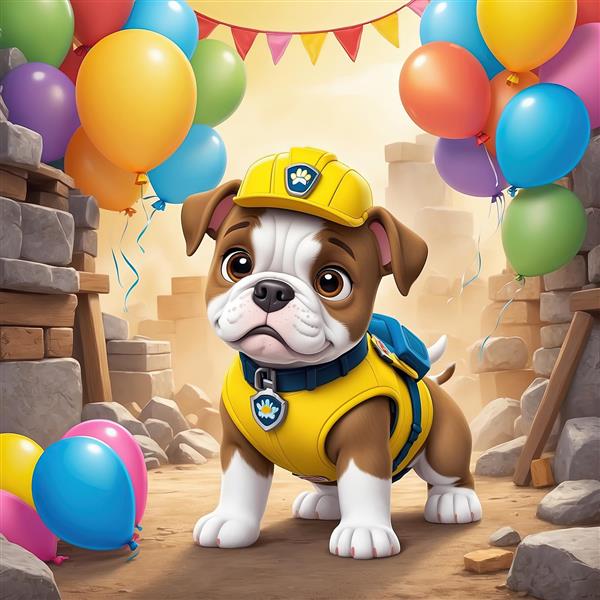 تصویر تمام‌قد رابل پاو پاترول با تم دکوراسیون ساختمانی و بادکنک