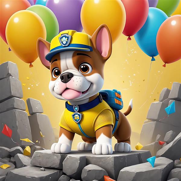 رابل پاو پاترول با بادکنک‌های پروازی، ایستاده روی سنگ‌ها، طرح سه‌بعدی کودکانه