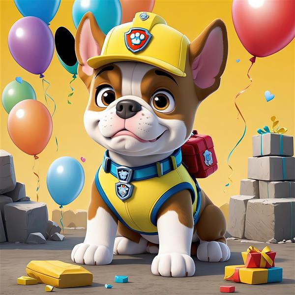 رابل بولداگ پاو پاترول در تم تولد و جشن، با پس‌زمینه شاد و روشن