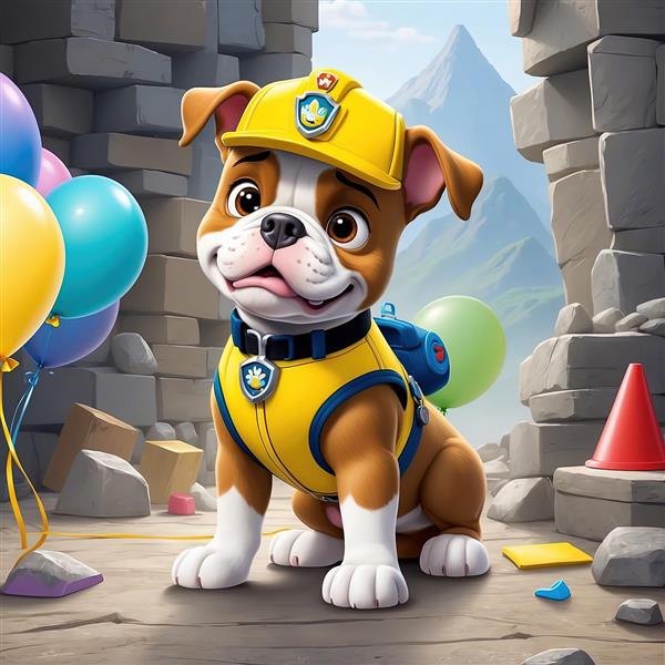 رابل بولداگ پاو پاترول با کلاه ایمنی روی بقایای ساخت و ساز