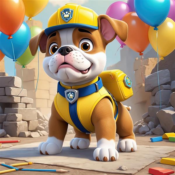 شخصیت کارتونی رابل از پاو پاترول با بادکنک، طرح تولد کودکانه