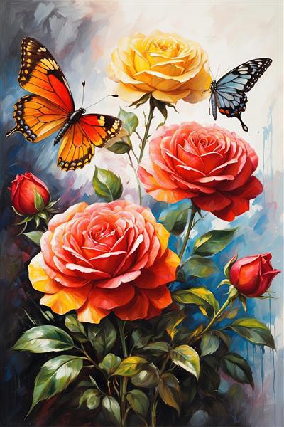 تابلو رزهای پرتغالی با دو پروانه مختلف، نقاشی با کنتراست رنگی بالا
