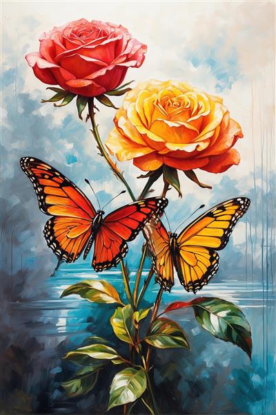نقاشی دو پروانه مونارک در حال پرواز کنار رزهای سرخ و نارنجی