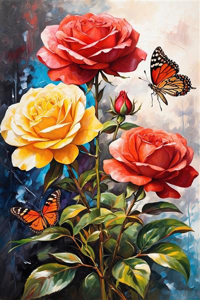 تابلو رز سه رنگ (زرد و دو طیف قرمز) با دو پروانه، طرح هنری و لوکس