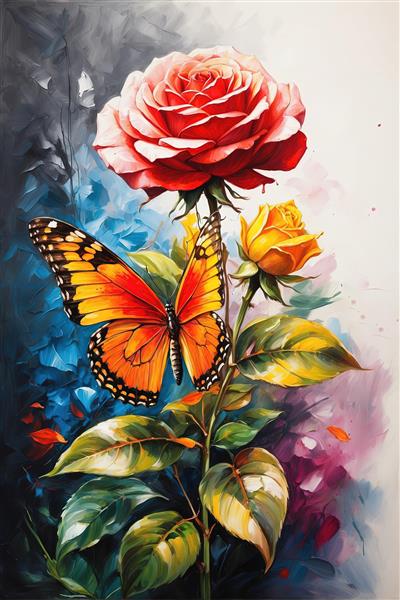 تصویر عمودی رز قرمز با جوانه زرد و پروانه، نقاشی بافت‌دار