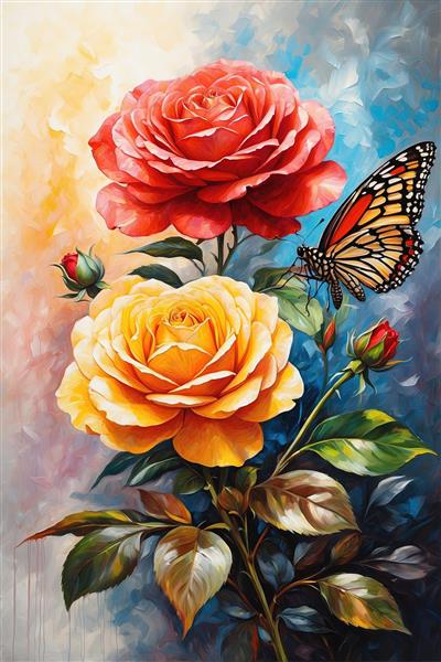 نقاشی رنگارنگ گل رز قرمز و زرد با پروانه، طرح پرطرفدار دکوراسیون