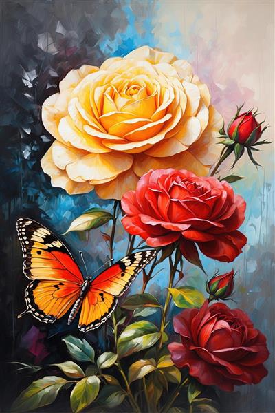 تابلو رزهای زرد و سرخ با پروانه زیبا، نقاشی مدرن مناسب چاپ