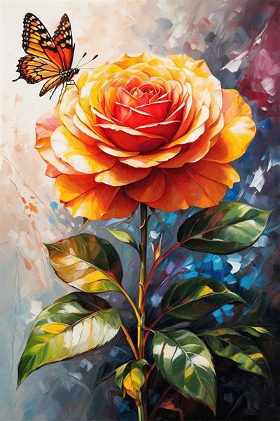نقاشی رنگ روغن گل رز نارنجی بزرگ و پروانه مونارک، طرح عمودی دکوراتیو