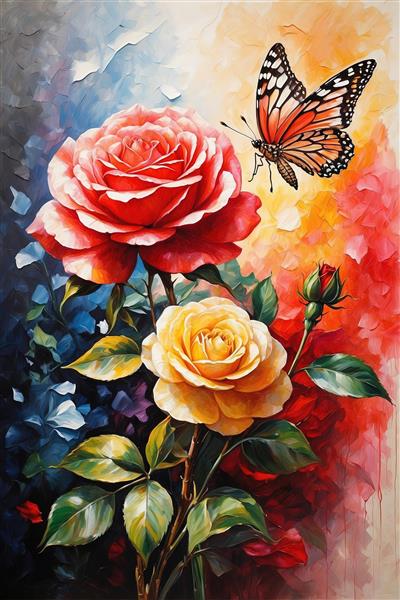 نقاشی عمودی رزهای زرد و سرخابی با پروانه روی زمینه رنگی، طرح پوستر
