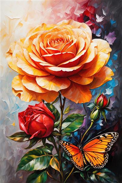 تصویر رز نارنجی بزرگ با پروانه و جوانه، نقاشی رنگ روغن پالت‌دار