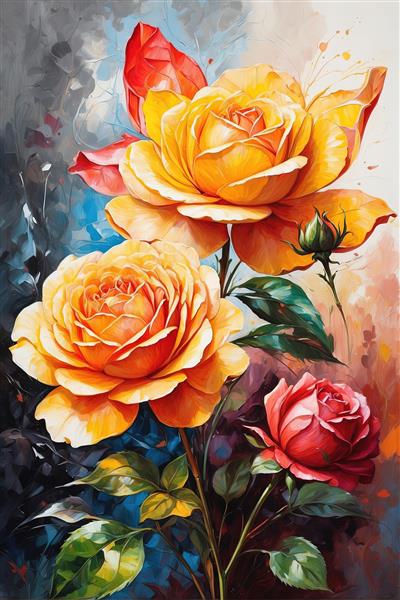 نقاشی رزهای آبرنگی با ترکیب رنگ‌های زرد، قرمز و نارنجی، طرح چاپ عریض