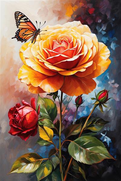 تابلو رز زرد و قرمز با قلم‌زنی ضخیم و پروانه، طرح دیواری مدرن