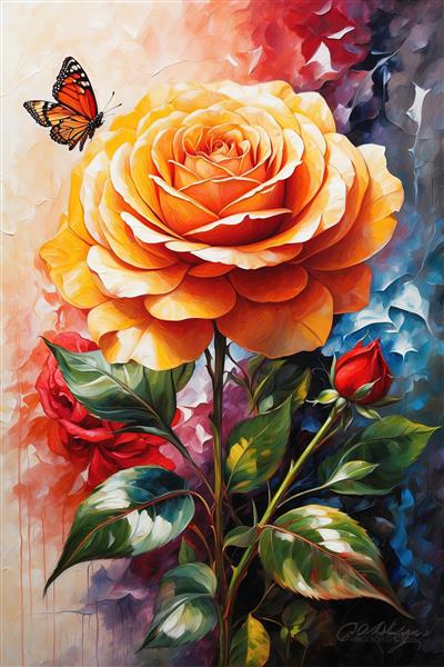 نقاشی سه‌بعدی گل رز نارنجی بزرگ و جوانه قرمز، مناسب برای چاپ روی بوم