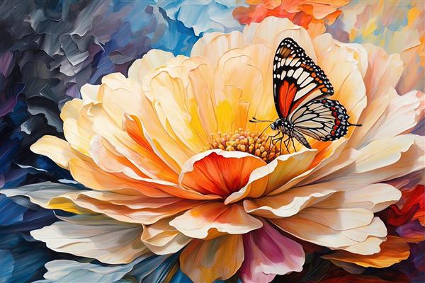 تابلو نقاشی گلبرگ‌دار با پروانه روی گل درشت کرم و نارنجی، طرح دکوراتیو