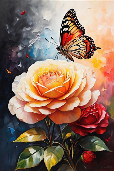 تابلو نقاشی رنگ روغن گل رز زرد و قرمز با پروانه، طرح لوکس دکوراسیون