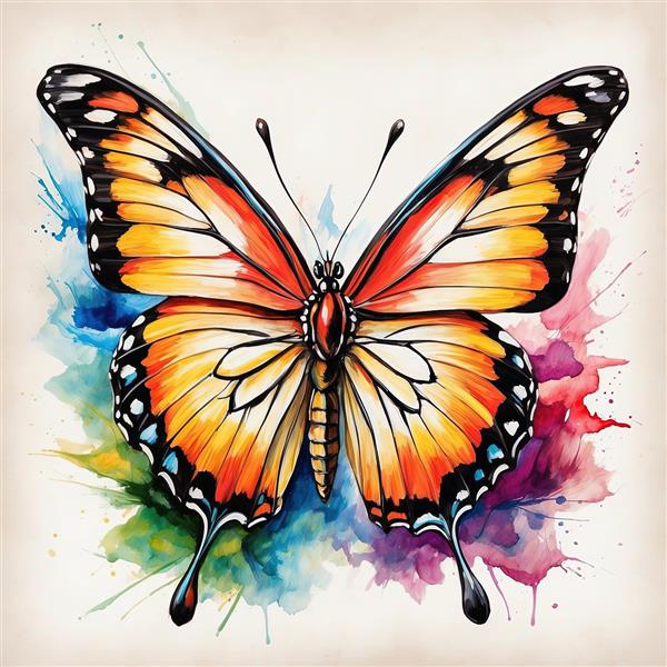 پروانه آبرنگی پادشاهی با بال‌های نارنجی در انفجار رنگ‌های شاد