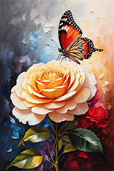 پروانه روی رز هلویی در میان ابرهای رنگی و تم گوتیک رمانتیک
