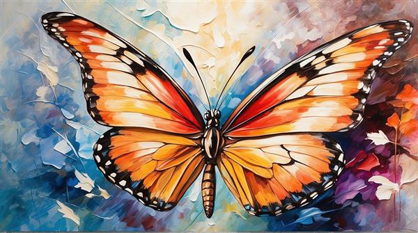 نقاشی پروانه پادشاهی با جزئیات بالا و بال‌های نارنجی در پس‌زمینه انتزاعی