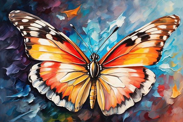 کلوزآپ پروانه پادشاهی با بال‌های باز در سبک نقاشی آبرنگ امپرسیونیستی