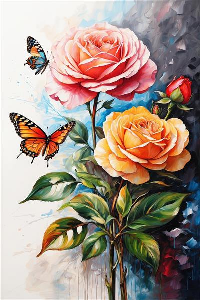 نقاشی رزهای صورتی و زرد با دو پروانه نارنجی و ساقه‌های بلند