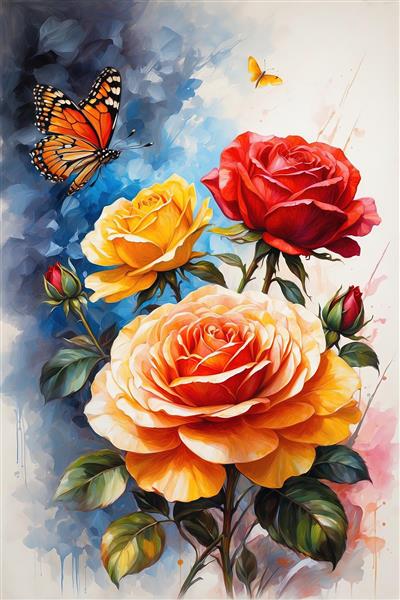دسته گل رز رنگین‌کمان (سرخ، زرد، نارنجی) با پروانه در آسمان آبی