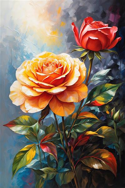 نقاشی رزهای زرد و سرخ با نور خورشید در سبک امپرسیونیسم