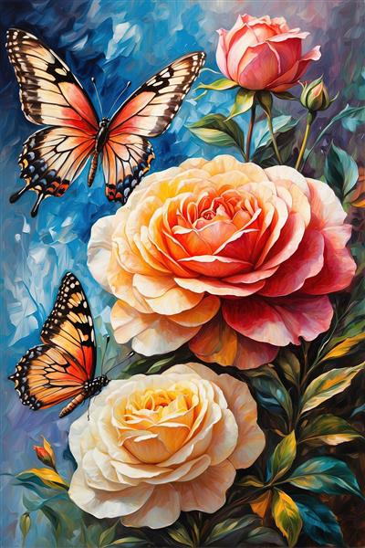 دو پروانه در حال پرواز اطراف رزهای هلویی و سفید در آسمان آبی