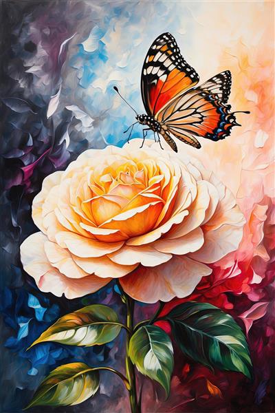 پروانه پادشاهی روی رز زرد با پس‌زمینه نقاشی آبرنگ گوتیک و رمانتیک