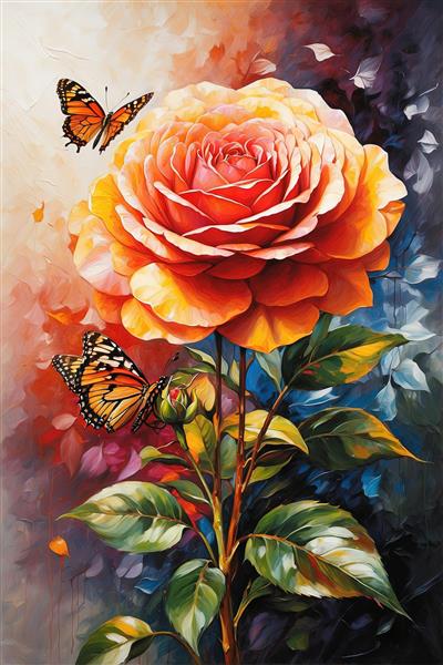 شکوفه رز نارنجی صورتی با پروانه‌های سلطنتی در میان رنگ‌های گرم