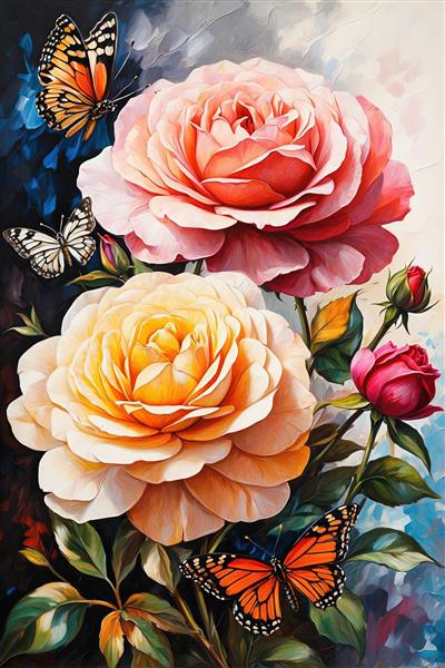 نقاشی رزهای شاهزاده با پروانه‌های پادشاهی در طلوع و غروب