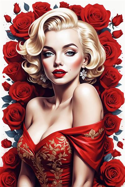 مرلین مونرو سلطنتی در لباس شب ساتن قرمز و موی طلایی با جواهرات